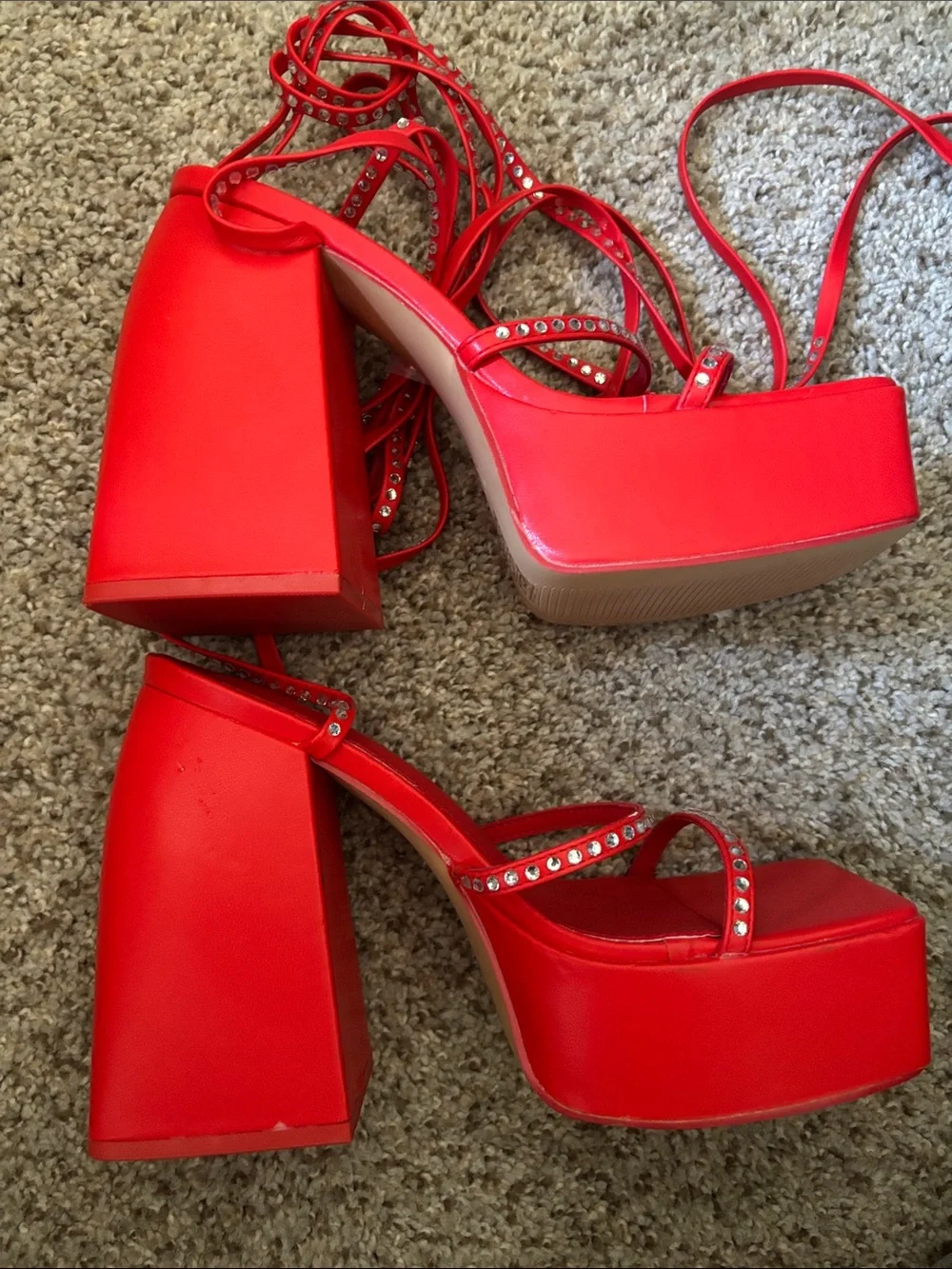 Public Desire Red Rhinestone Chunky Platform Heels